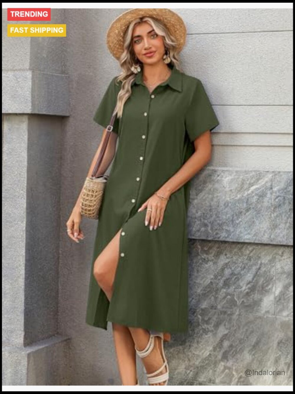 Button Down Shirt Dress A-Line Midi with Pockets Short Sleeve Summer Cover Up - Picture 4 of 7